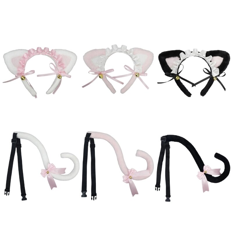 Y166 Cartoon Kitten Ears Headbands Maid Tail Collar Hair Hoop for Kids Shows Stage