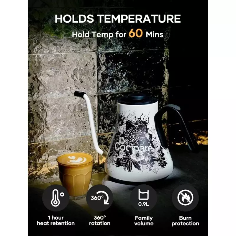 Cocinare-電気グースネックケトル,温度制御,コーヒーと紅茶を取り除く600g,1200W, 180-sec