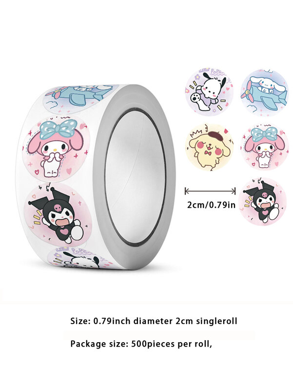 Sanrio Olá Kitty adesivos dos desenhos animados para crianças, Kuromi Cinnamoroll Pochacco adesivos para meninas, DIY Laptop, telefone, diário, 500pcs por rolo