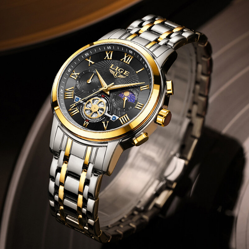 LIGE jam tangan bercahaya pria, arloji Stainless Steel tahan air Quartz merek terkenal untuk lelaki