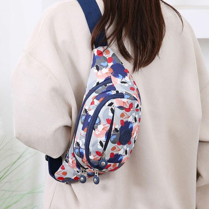 Flower Pattern cintura Bag, Grande capacidade, Multi-bolso peito Bag, Nylon impermeável Crossbody Bag, Moda