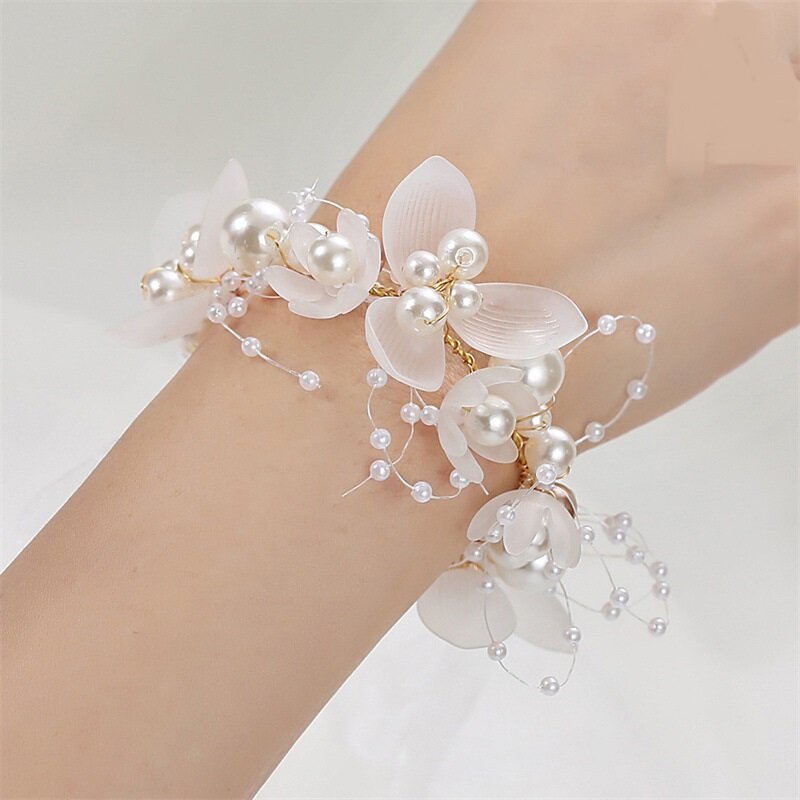 Corsage de poignet de perles pour enfants, bracelet de fleurs à la main avec ruban, accessoire de mariage, beau, mariée, demoiselle d'honneur