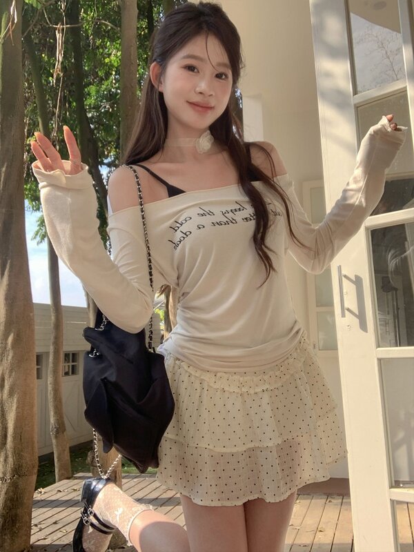 HOUZHOU Kawaii Sweet Streetwear Mini Skrits Women Korean Fashion Vintage Elegant Polka Dot Printed Ruffle A-line Skirts 2024 Y2k