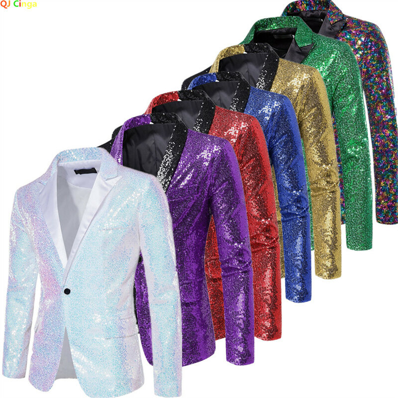 男性用の光沢のあるスパンコールスーツ,パフォーマンスジャケット,白,銀,青,紫のブレザー,Vネック,シングルボタン,XL,xxl