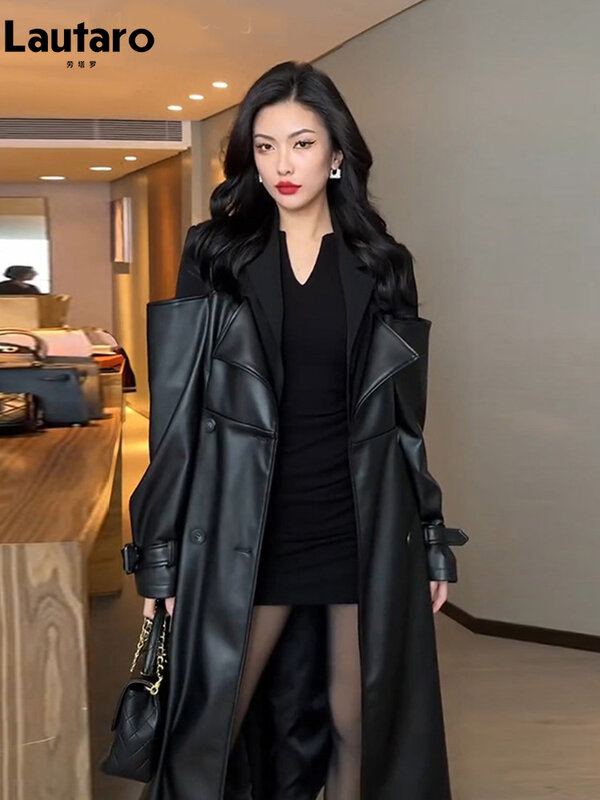 Lautaro-Manteau long patchwork noir en cuir PU pour femme, double boutonnage, vêtements de créateurs de luxe, automne, 2023