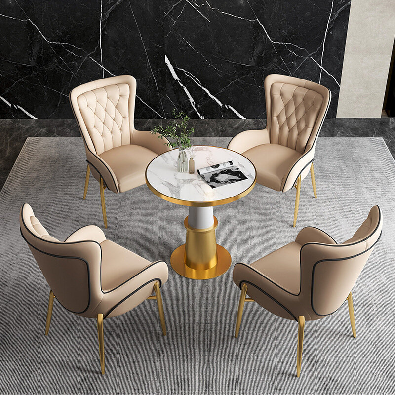 Moderne goldene Luxus glänzende Metalls tühle Restaurant Café Café benutzer definierte Farbe Leder Esszimmers tuhl und Tischset