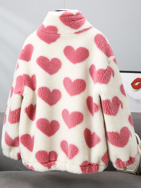 Jaqueta de lã gola para mulheres, casaco de pele real, tecido natural, casacos grossos, padrão de coração, streetwear quente, inverno, 2023