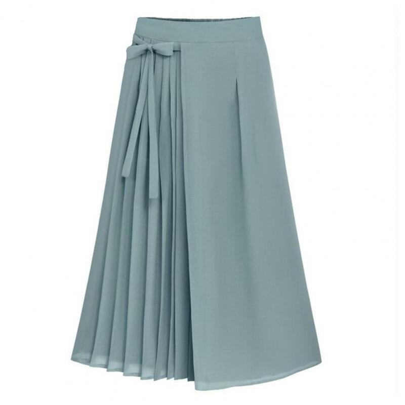 Pantalones de estilo Simple para mujer, pantalones elegantes plisados de gasa, pantalones de pierna ancha con cintura elástica, con cordones y lazo, informales