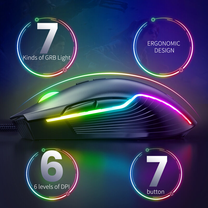ONIKUMA RGB Gaming Mouse 7 przyciski programowania 6 poziomów dostosuj 6400 DPI z dynamicznym oświetleniem ergonomiczne myszy do laptopa komputer dla graczy