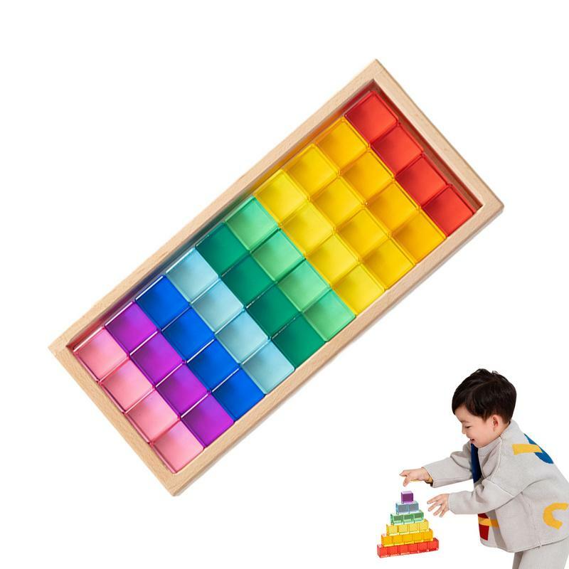Rainbow Crystal Acrylic Cubes Children Educational Sensory Toy 40Pcs Rainbow Cubes Stacking Gem Blocks For Boys Girls Kids