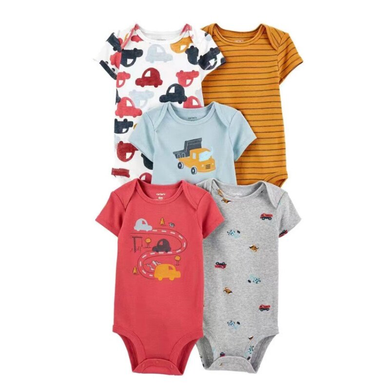 New Cartoon Baby Boys Girl Bodysuits 5Pcs Short Sleeve Stripe 100% Cotton Baby Clothes Newborn Body Bebe Jumpsuit Clothing 6-24M