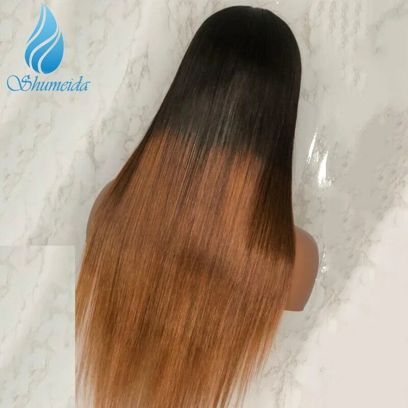 SHUMEIDA-Perruque Lace Front Wig Remy Brésilienne Naturelle, Cheveux Lisses, 13x6, avec Frange, Couleur Ombrée, pour Femme