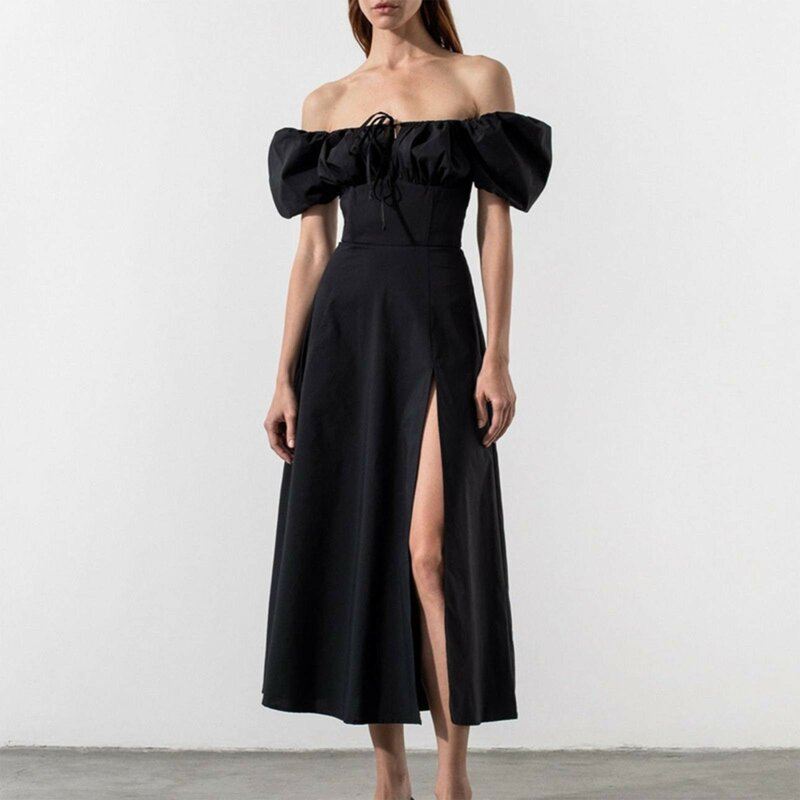 Vestido feminino com renda fora do ombro, vestido de outono, cor pura, vestidos de festa elegantes com fenda lateral, vestido formal de formatura, 2022
