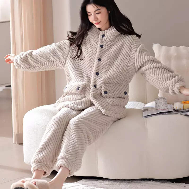 Conjunto de Pijamas de terciopelo Coral para mujer, cárdigan de talla grande, cálido, Simple y elegante suelta ropa de dormir, ropa de casa, 2 piezas, otoño e invierno, nuevo