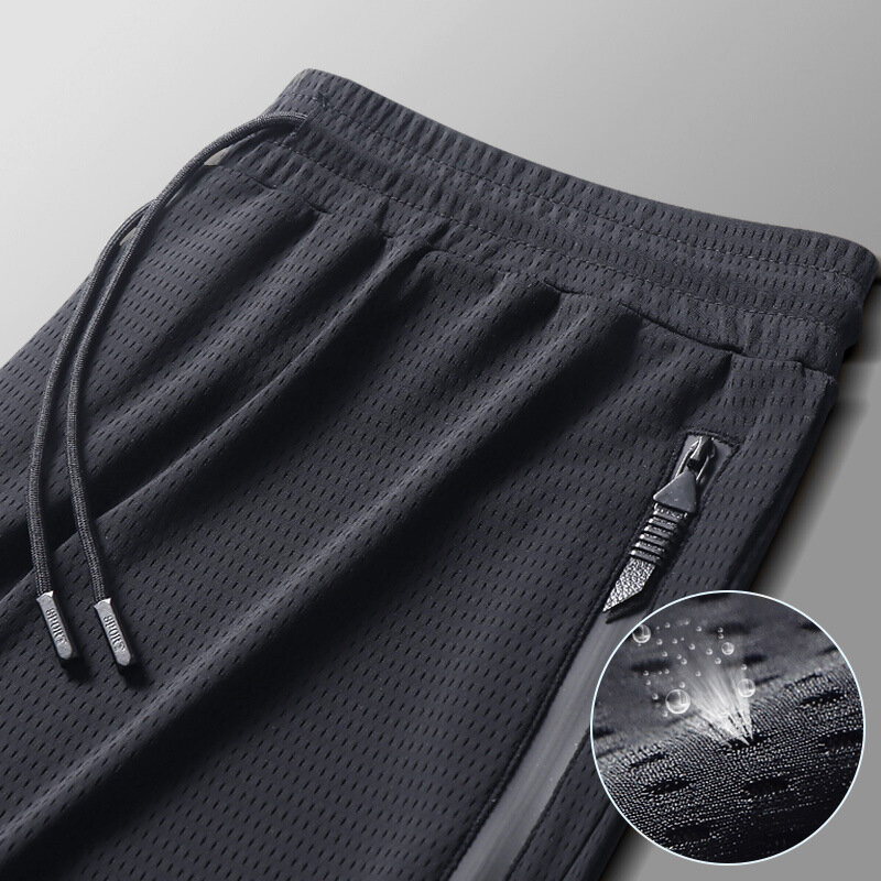 Ice Shred Quick Drying Trousers 2024 New Summer Men's Screw Thread Elastic Drawstring Zipper Fashion Loose Sweatpants Pants