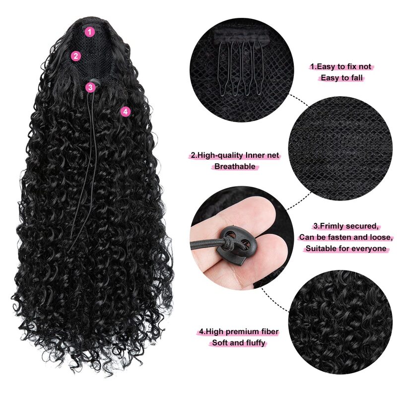 Kinky Curly Drawstring Black Ponytail Extension for Black Women 16 Inch Synthetic Clip in Afro Wavy Pony Tail