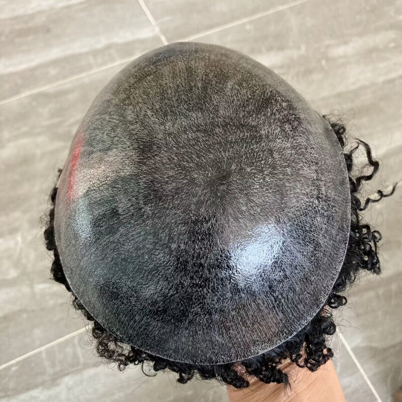 Permanent Curly Human Hair Toupee dla mężczyzn Łatwa instalacja Pełna podstawa PU Peruka męska 18 mm Curl Brown Naturalna proteza włosów