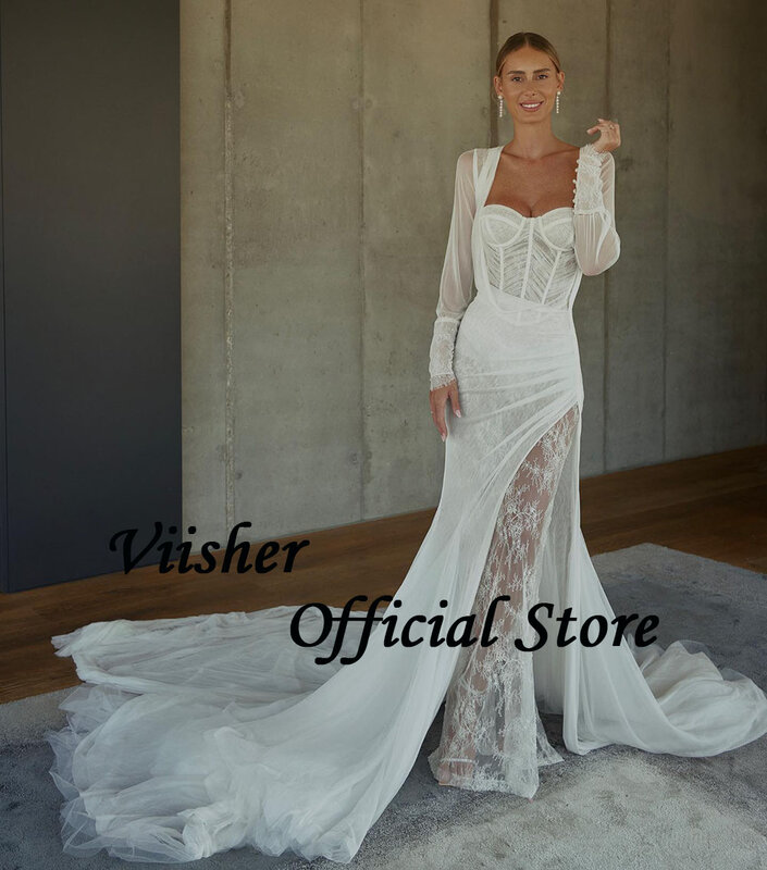 Винтажное свадебное платье-Русалка Viisher, с длинным рукавом, корсет, платье невесты с Боковым Разрезом, индивидуальный пошив