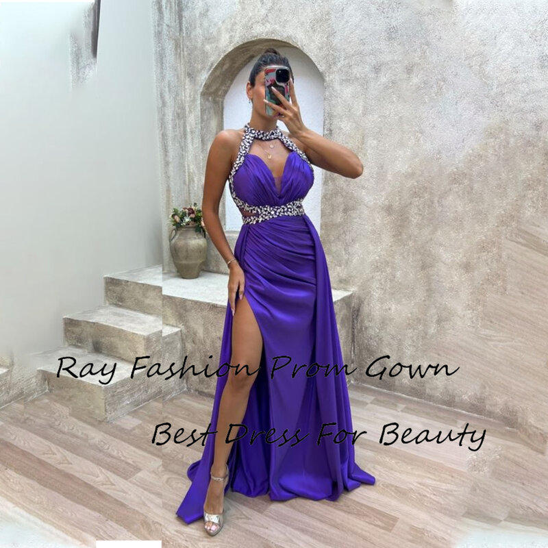 Classic Sheath Prom Dress Satin Unique Halter Sleeveless With Sexy High Split Beaded Sequins Formal Party Gowns With Sweep Train