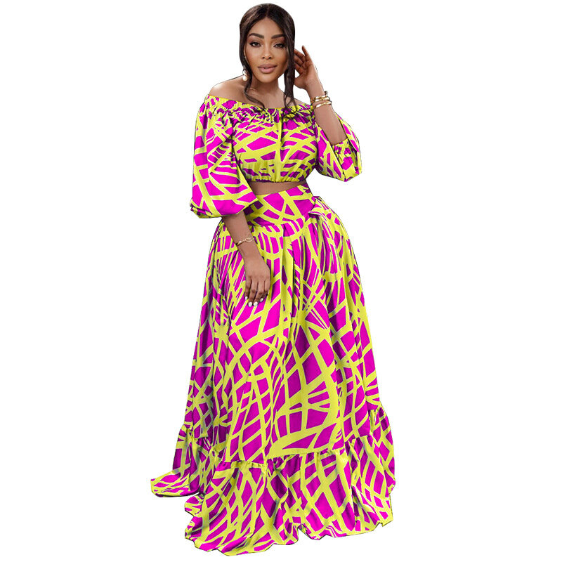 XL-5XL Africain Vêtements Femmes D'été Mode Africaine Femmes Demi Manches Polyester Impression Deux Pièces Ensembles Top et Jupes sulf