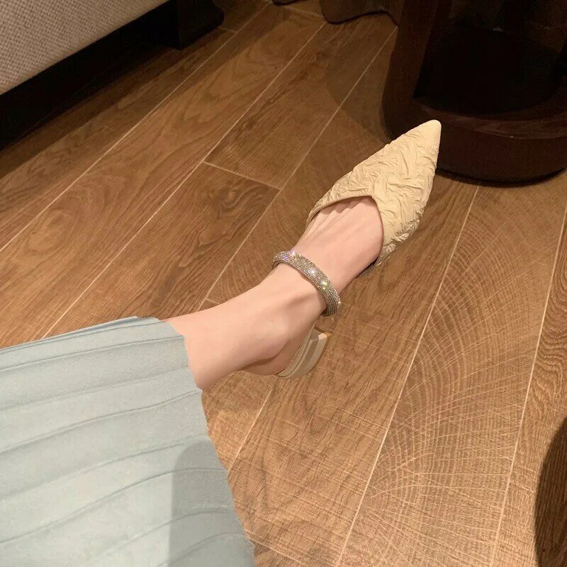 Zapatillas puntiagudas de cuero genuino para mujer, color blanco, Verano