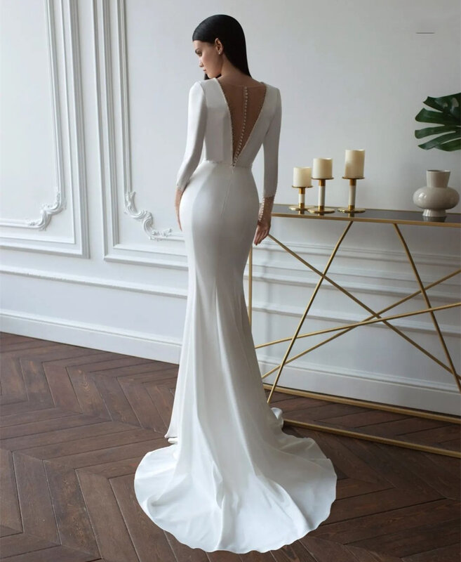 Novo profundo v-neck cetim vestido de casamento simples 3/4 manga sem costas sereia vestidos de noiva trem varredura para as noivas femininas vestidos branco