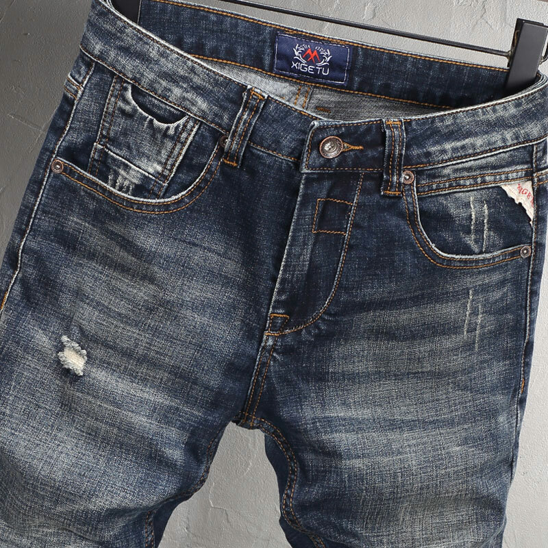 Pantalones vaqueros rasgados elásticos Retro para hombre, Jeans de diseñador de moda, alta calidad, negro, azul, ajuste Delgado, Vintage italiano