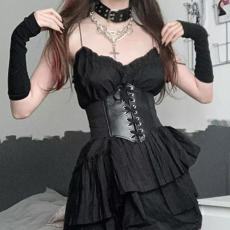 Cintura corsetto da donna moda gotica in pelle PU femminile con lacci cinture corsetto dimagrante in vita corsetto Vintage cintura larga nera per ragazza
