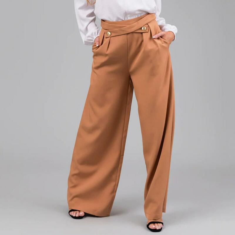 Celana panjang untuk wanita, celana panjang kasual longgar pinggang tinggi kaki lebar dengan selangkangan dalam lembut bersirkulasi