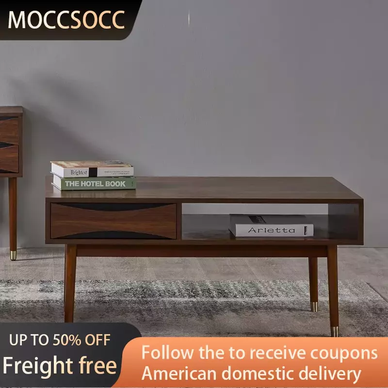 40 In. X 21.63 In. Wooden Mid-Century Modern Coffee Table With Drawer and Shelf Walnut With Brass Leg Tips Freight Free Tables