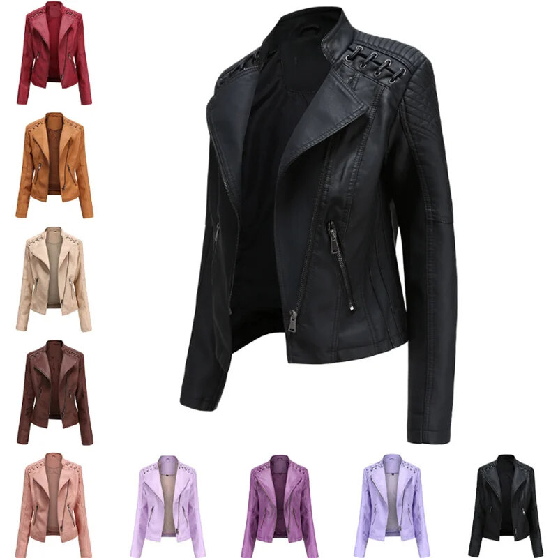 Vestes en similicuir PU pour femmes, col rabattu, veste de luxe, noir, rose, rouge, manteau de motard, nouveau, 2021