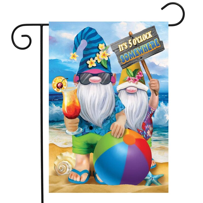 Summer Gnomes Funny Garden Flag Ocean Beach Scene It's 5 O'Clock Somewhere Double Sided Flag for Outdoor Lawn Terrace Decoration