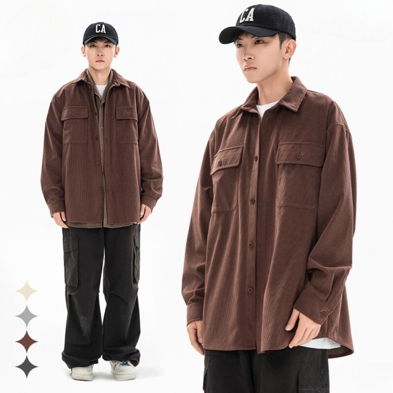 Camisa masculina monocromática de veludo, jaqueta manga comprida, roupa de trabalho nova marca de maré de rua, roupas soltas outono e inverno