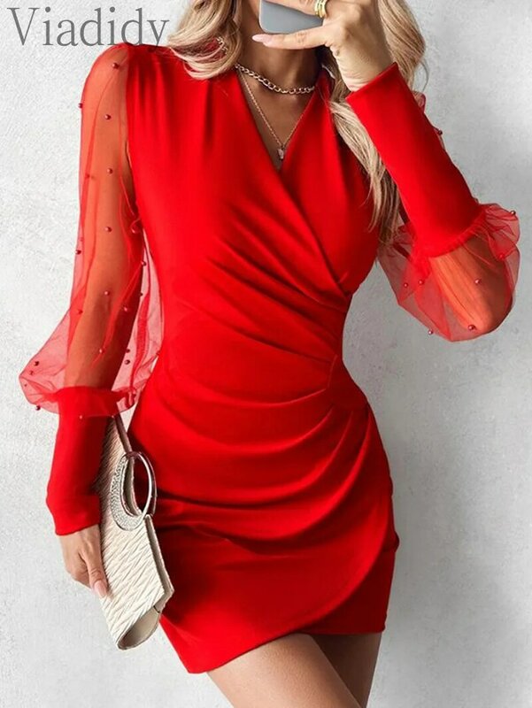 女性用Vネック透明メッシュギャザードレス、ランタンスリーブ、ビーズ、セクシー