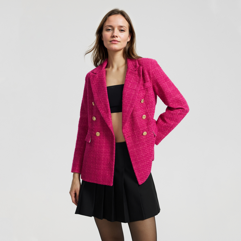 TAOP&ZA 2024 European and American style women's 4-color textured double-breasted mid-length suit jacket
