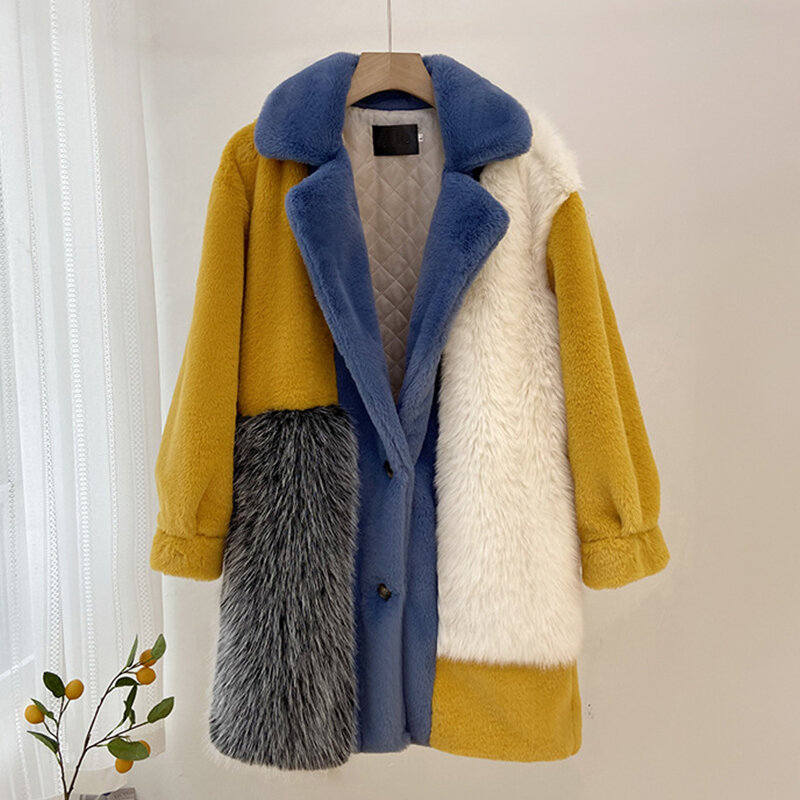 2023 Winter Kunst pelz Jacken für Frauen pelzigen warmen Spleißen Kontrast farbe blau gelb flauschigen Mantel lange Jacke Frauen Mantel