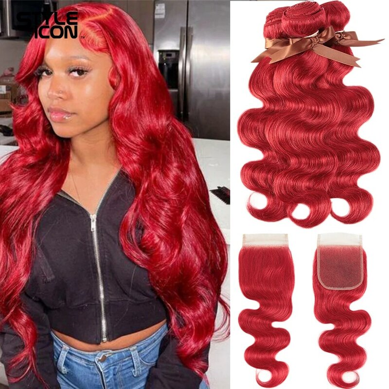 Styleicon onda do corpo vermelho pacotes com fecho 3 pacotes remy tecer cabelo brasileiro com closur onda do corpo cabelo humano com fechamento