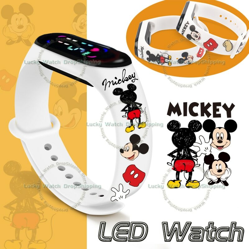 미키 미니 어린이 애니메이션 시계, 디즈니 만화 캐릭터 피규어, LED 터치 방수 어린이 전자 시계, 생일 선물