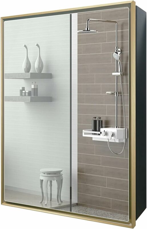 FOMAYKO 욕실 의학 캐비닛, 알루미늄 프레임 거울, 24 인치 x 30 인치 표면 마운트 욕실 세면대 거울, 단일 문짝 골드