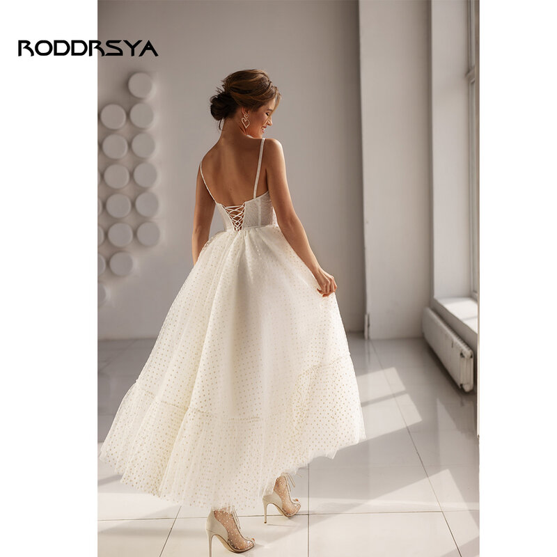 RODDRSYA-vestido de novia corto con tirantes finos, traje de novia de tul con cordones en la espalda hasta el tobillo, hecho A medida, línea A, 2023