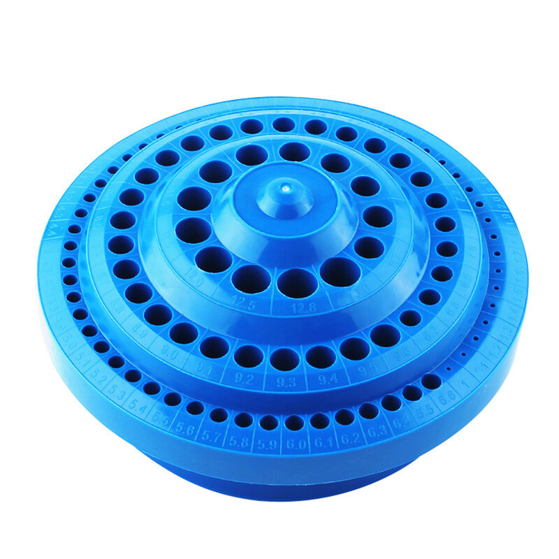 プラスチック製の丸い形のハードディスクボックス,1〜13mmのプラスチック製ドリルビットの収納ケース,青の穴,プラスチック製オーガナイザーボックス,100個