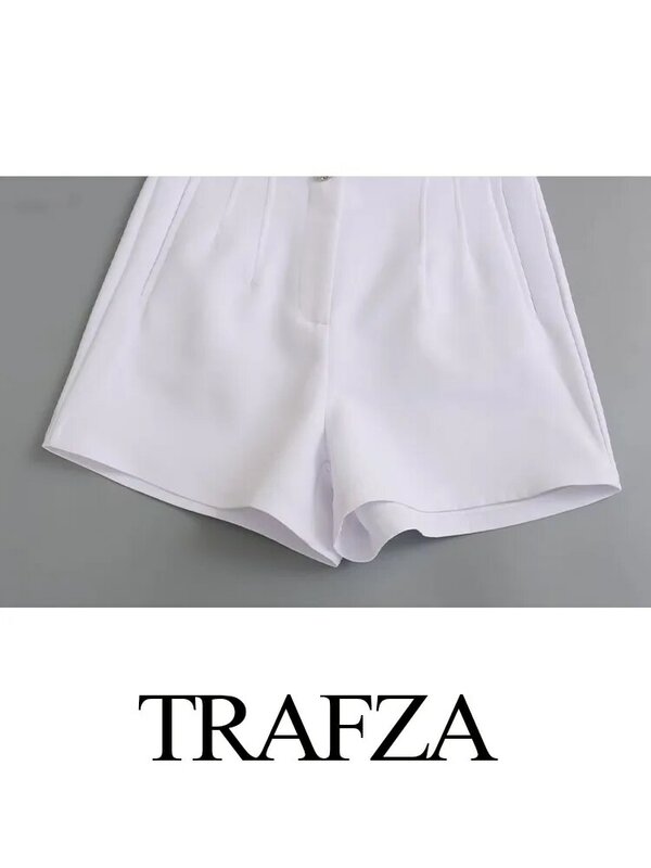 TRAFZA Summer Shorts Woman 2024 Trendy White High Waist Pocket Button Decorate Zipper Female Fashion High Street Short Pants