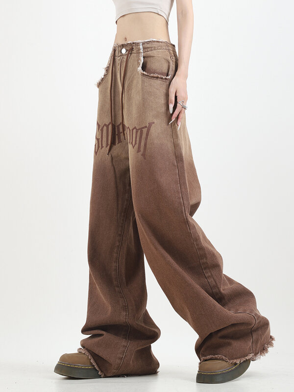 Pantalones vaqueros marrones de pierna ancha para mujer, pantalón Vintage de cintura media, largo completo, recto, ropa de calle, Y2K, 2023