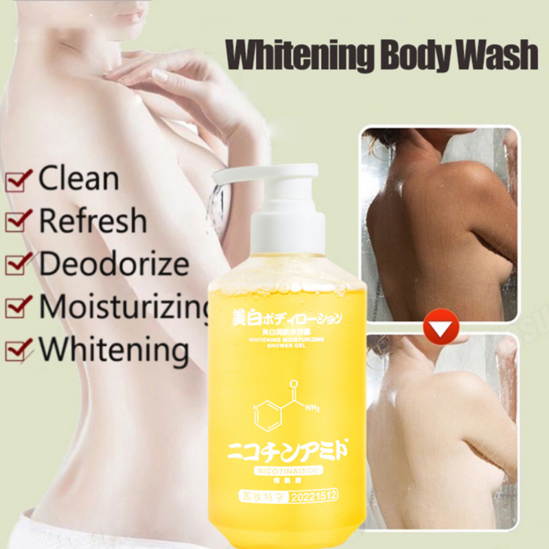 Niacinamida Whitening Shower Gel, Fórmula Suavizante e Clareador, Limpeza de Pele Inteira, Lavagem Corporal Hidratante