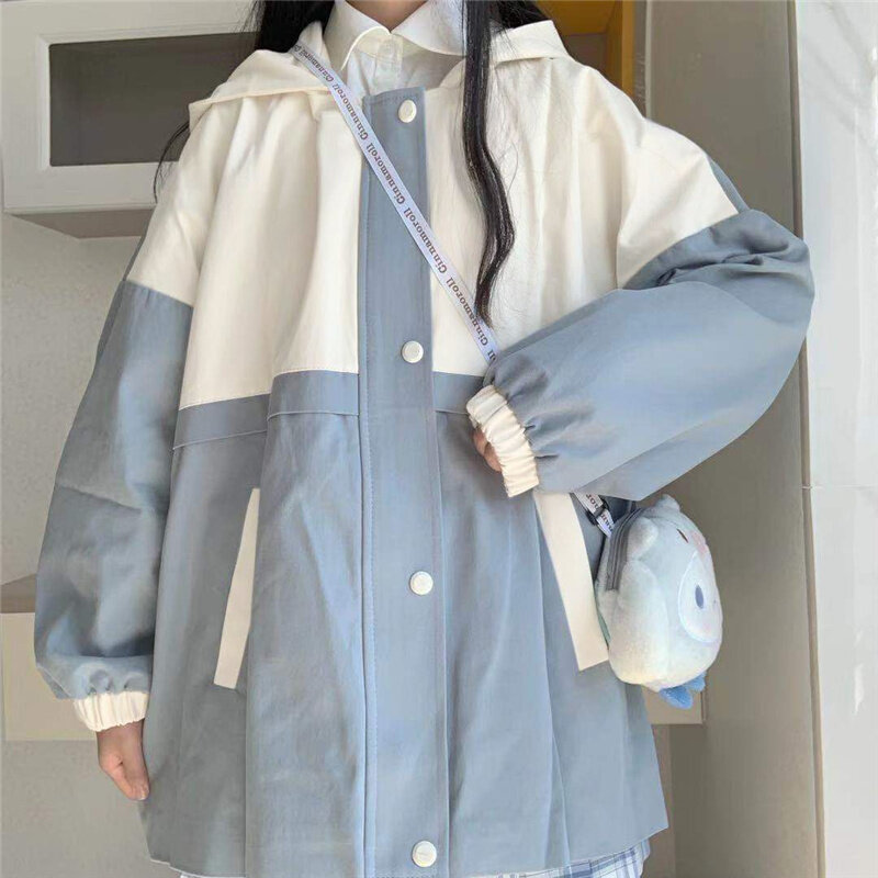 Jaket Wanita Biru Musim Semi Longgar Harian Gaya Korea 2022 Patchwork Kasual Dasar Preppy Semua Pertandingan Mahasiswa Gadis Kawaii Matahari-bukti