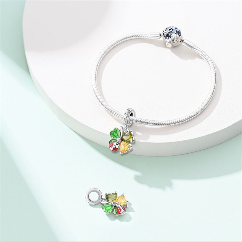 Indah 925 perak murni warna-warni segar semanggi Ladybug Charm Fit gelang Pandora Musim Semi pengakuan perhiasan hadiah