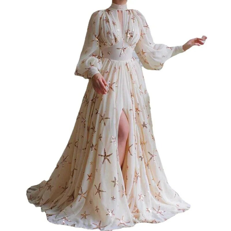 Damska sukienka z szyfonu i lampionem 2024 z kołnierzem i gorsetem Maxi suknie balowe kobiece eleganckie suknie formalna okazja