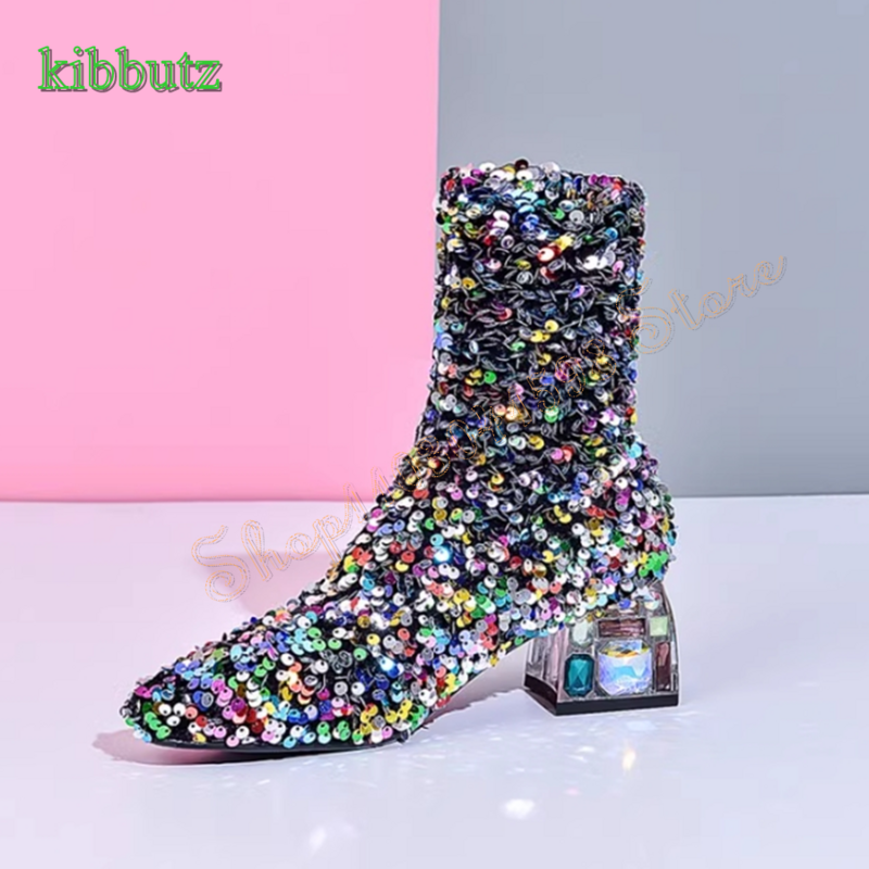 Яркие разноцветные фотоботинки, женские ботинки на массивном каблуке с острым носком и кристаллами, свадебные вечерние туфли на каблуке, новинка 2023