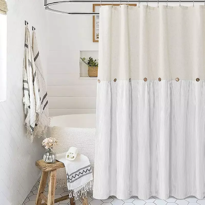 RYB HOME Linen Button Shower Curtain Cotton Woven Fabric Pleated Grey Stripe on Waterproof Country Style Curtins for Bathroom