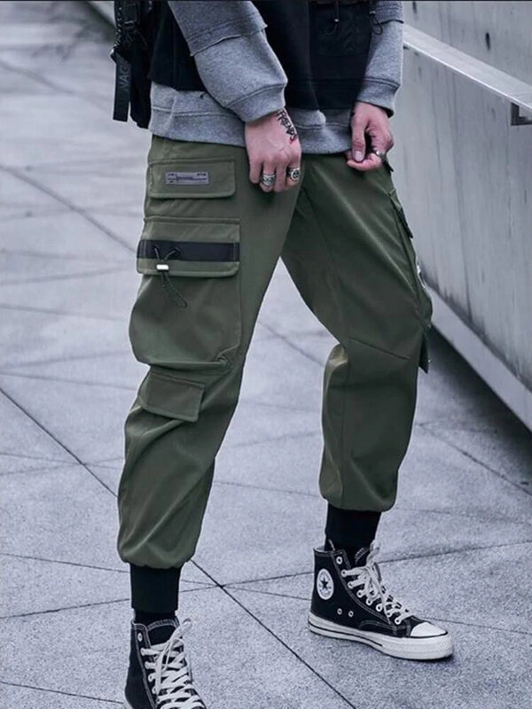 Джоггеры-карго для мужчин, повседневные брюки в стиле хип-хоп, с карманами, популярных цветов, спортивные штаны, уличная одежда, штаны Techwear с лентами